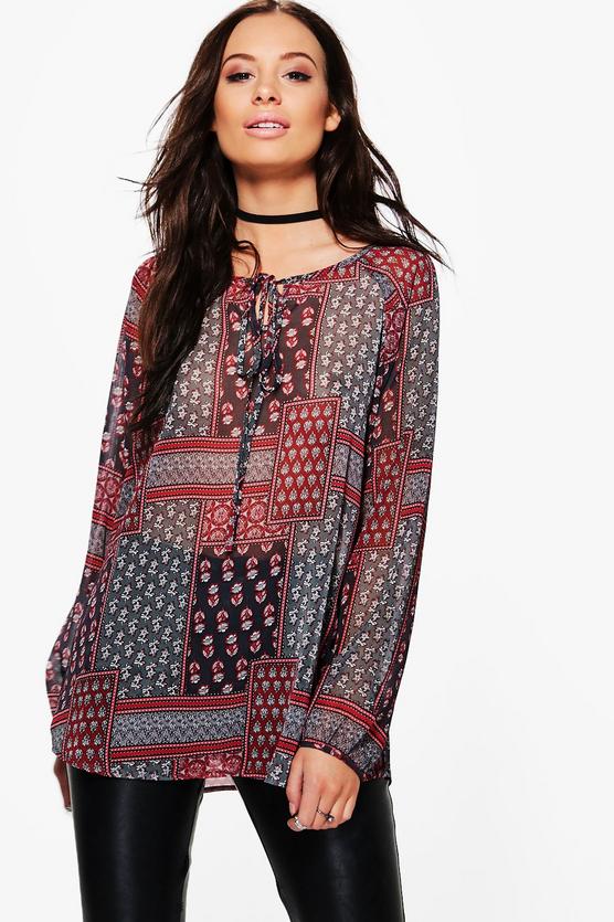 Clara Printed Lace Up Smock Top